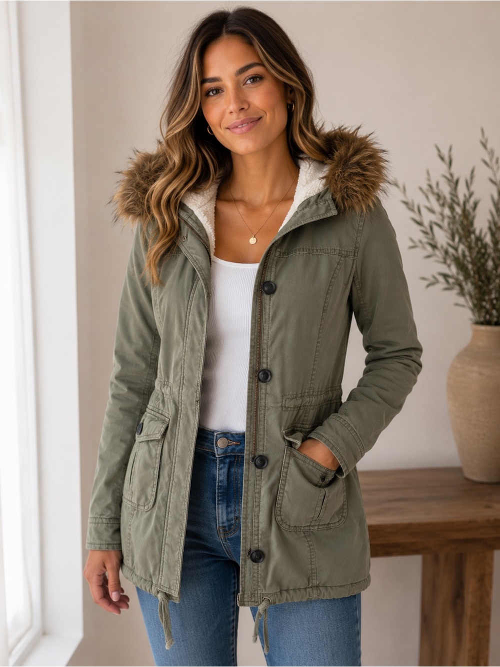 Abercrombie & Fitch Y2K Olive Green Utility Parka with Faux Fur Hood